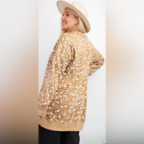 •EASEL•PARCHMENT LEOPARD PRINT CREWNECK KNIT LONG SLEEVE DRESS W/POCKETS LARGE - Picture 3 of 11